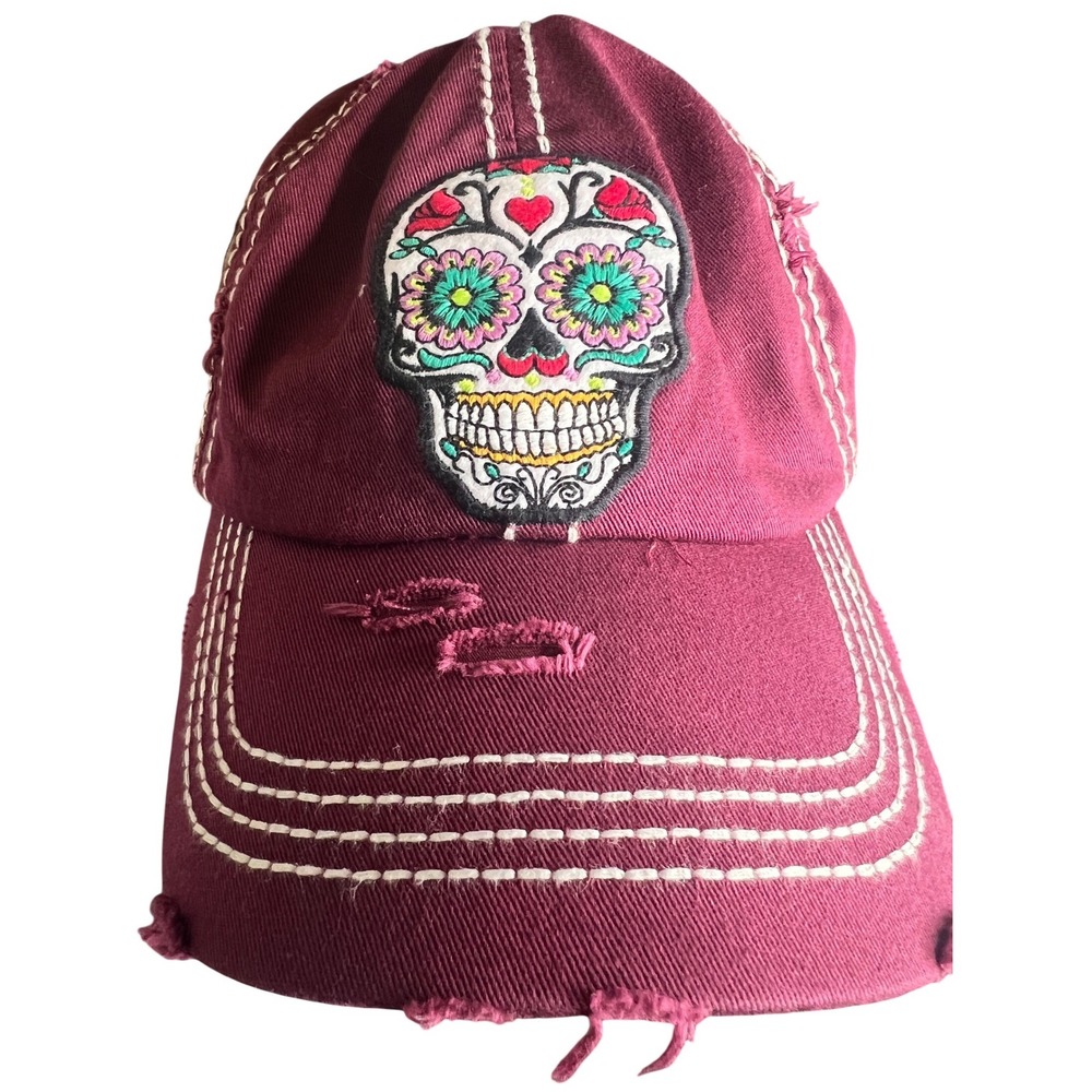 KBETHOS Vintage Sugar Skull Distressed Baseball Cap Maroon Burgundy‎ Cotton Hat